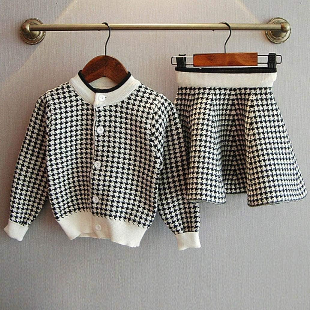 Girls Plaid Knitted Sweater Dress Set - Autumn Winter Toddler Kids Coat, Tops & Skirt Outfit