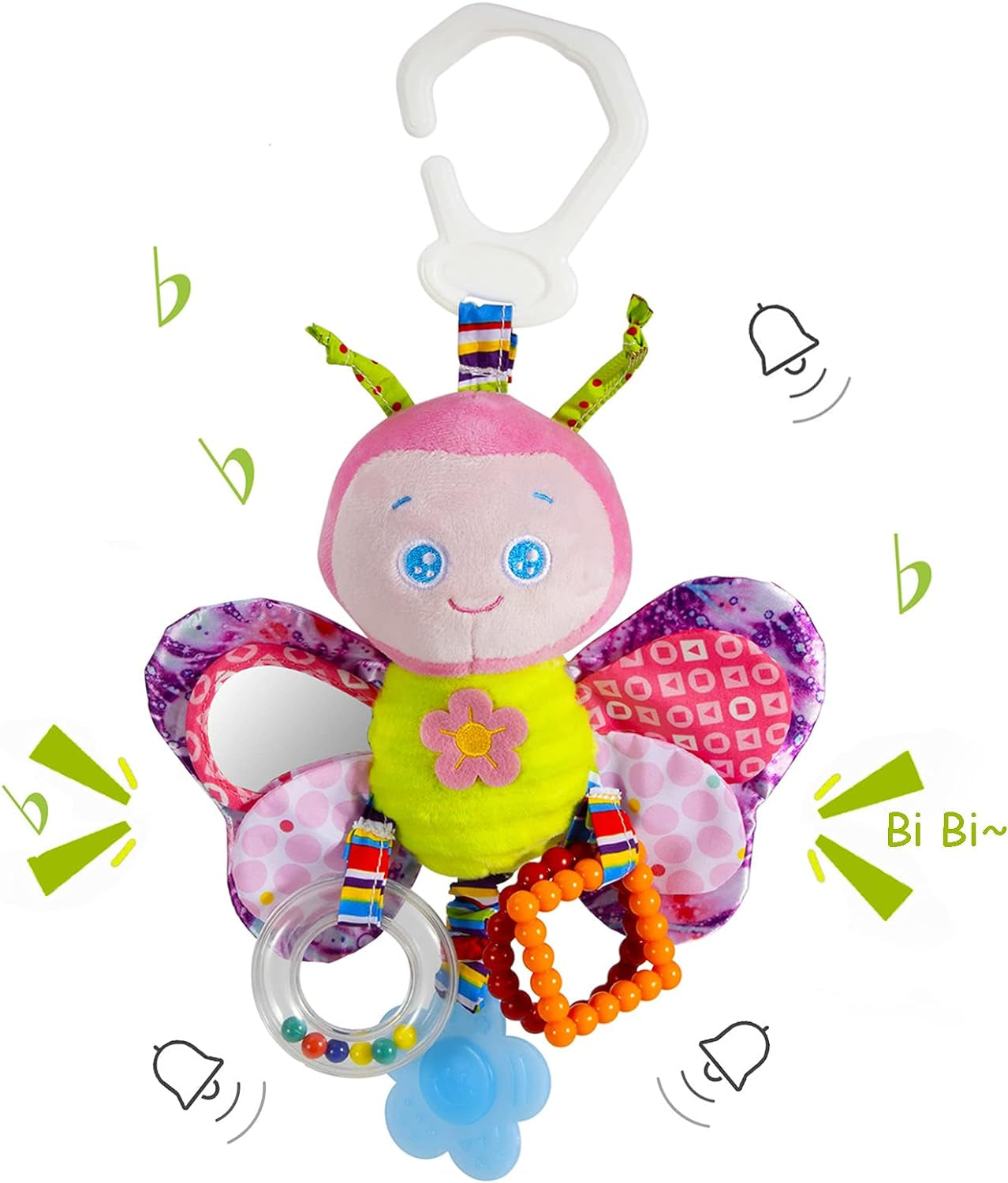 Baby Stroller Toy & Car Seat Toy with Teether - Hanging Rattle Plush Toy for Infants 3-12 Months, Clip-on Soft Baby Toy for Boys & Girls
