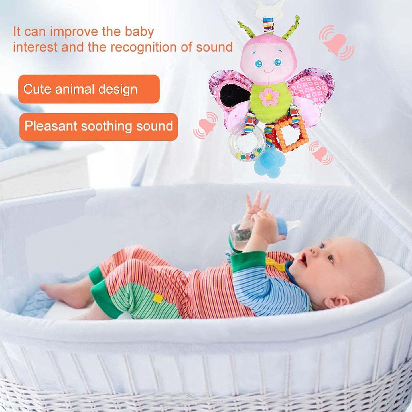Baby Stroller Toy & Car Seat Toy with Teether - Hanging Rattle Plush Toy for Infants 3-12 Months, Clip-on Soft Baby Toy for Boys & Girls