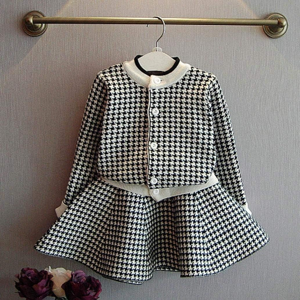 Girls Plaid Knitted Sweater Dress Set - Autumn Winter Toddler Kids Coat, Tops & Skirt Outfit