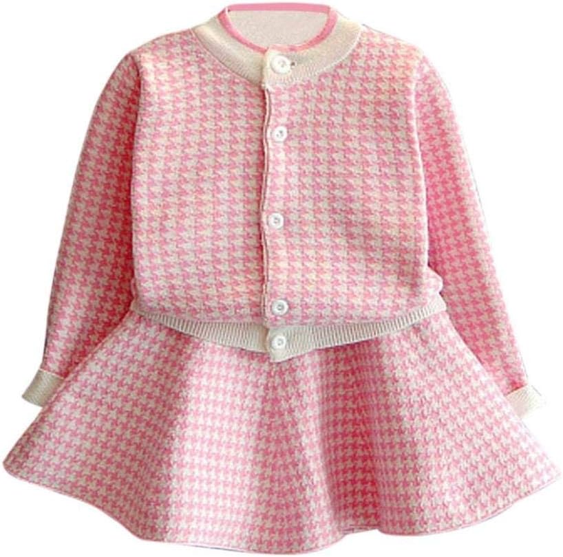 Girls Plaid Knitted Sweater Dress Set - Autumn Winter Toddler Kids Coat, Tops & Skirt Outfit