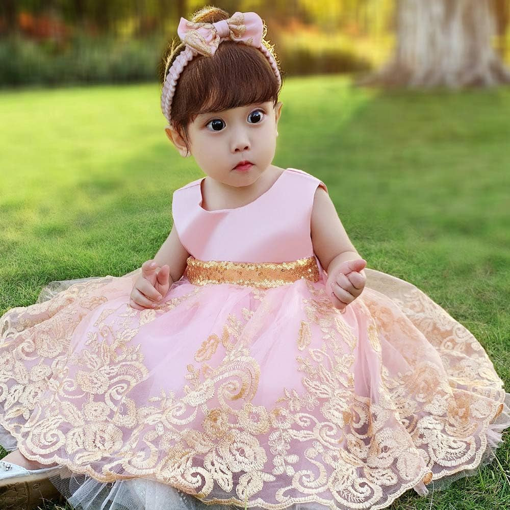 0-6 Years Baby Girls Pageant Lace Embroidery Dresses Toddler Formal Dress with Headwear