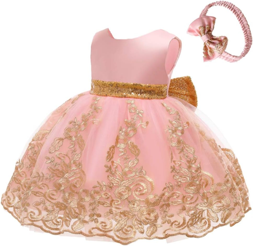 0-6 Years Baby Girls Pageant Lace Embroidery Dresses Toddler Formal Dress with Headwear