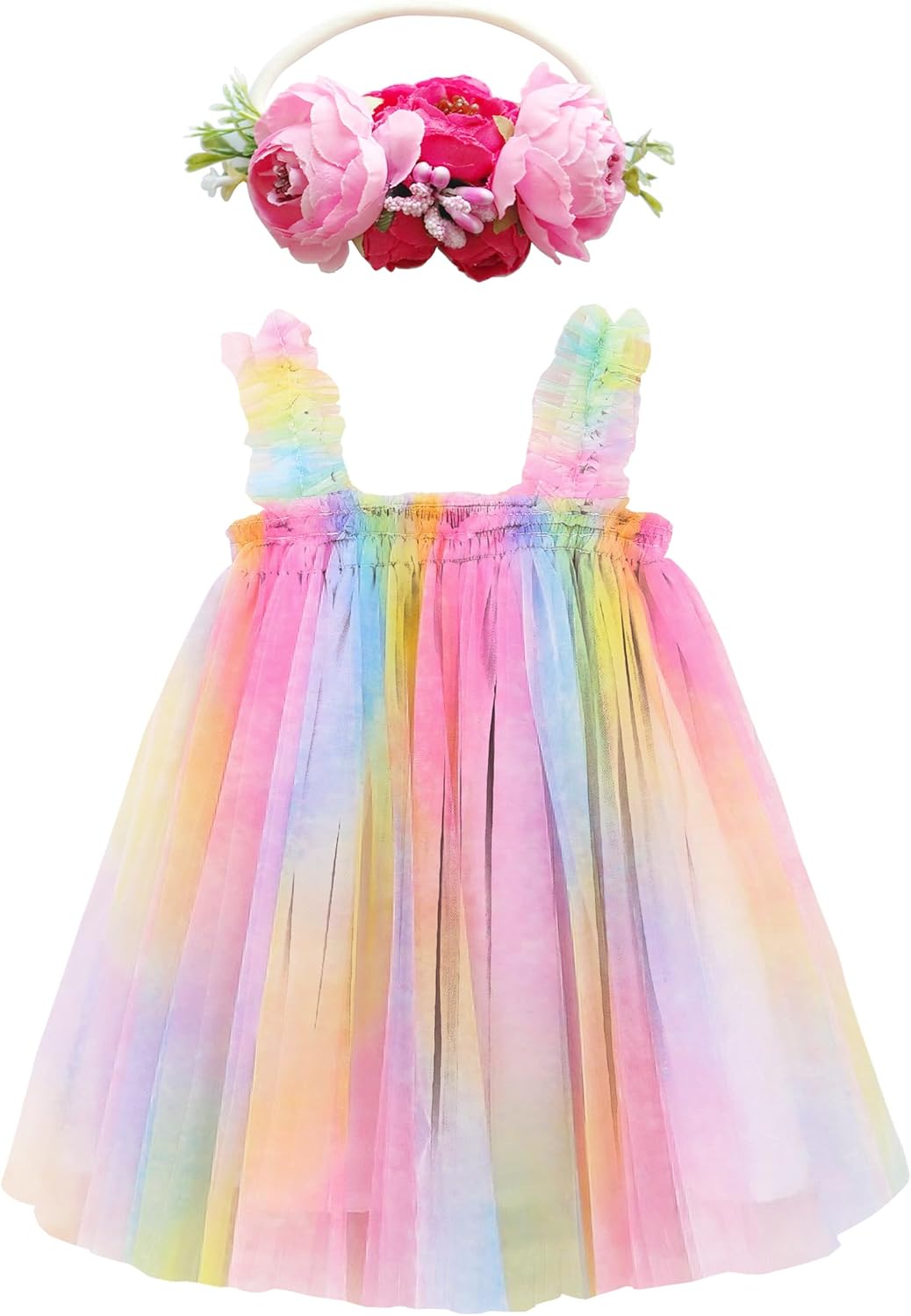 Layered Tulle Tutu Dress for Toddler Girls,Baby Girl Rainbow Tutu Princess Skirt Set with Flower Headband.