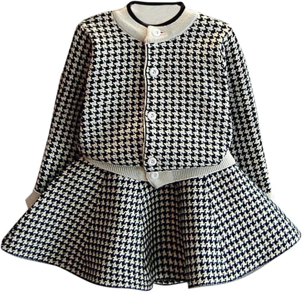 Girls Plaid Knitted Sweater Dress Set - Autumn Winter Toddler Kids Coat, Tops & Skirt Outfit