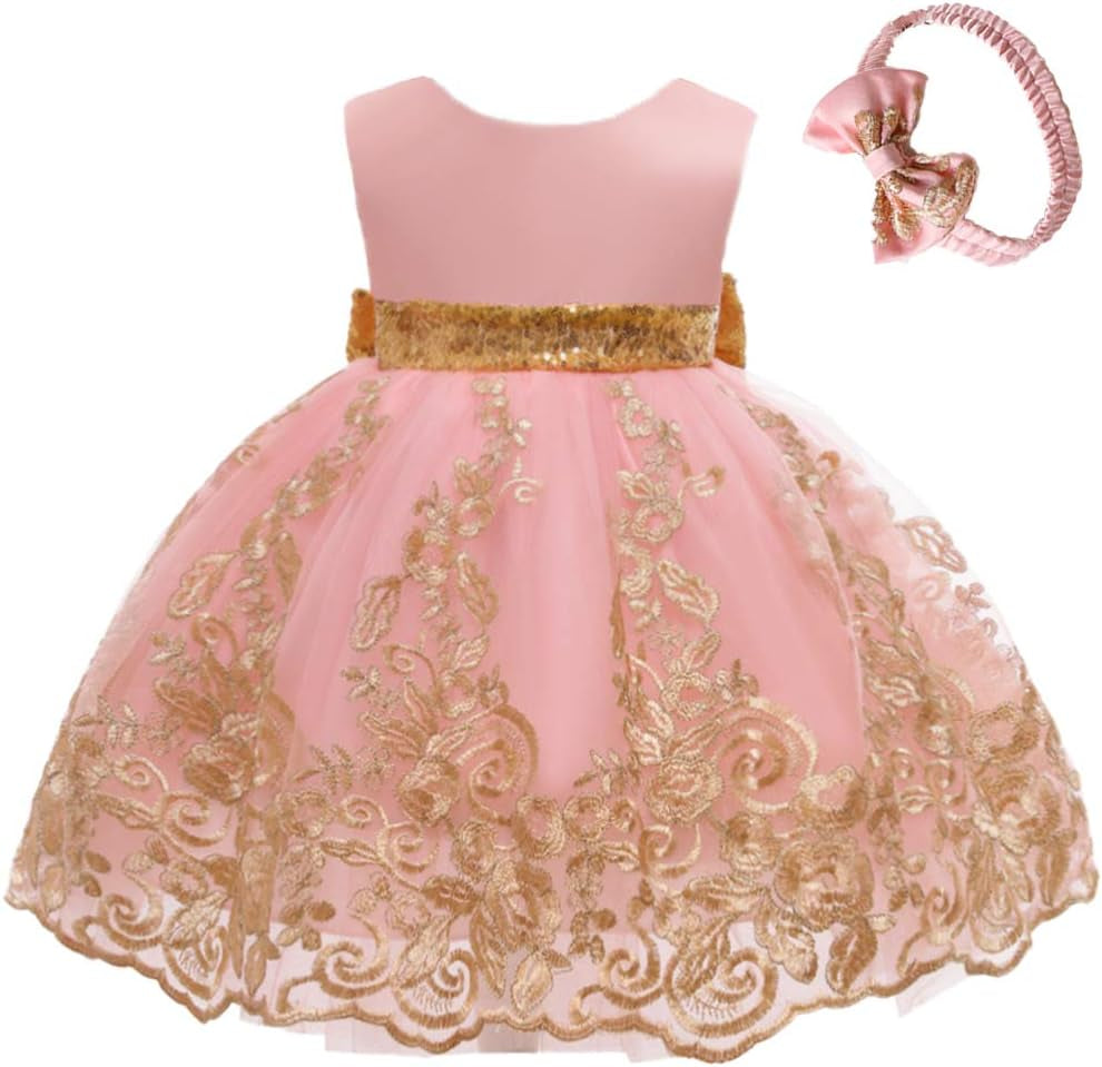0-6 Years Baby Girls Pageant Lace Embroidery Dresses Toddler Formal Dress with Headwear