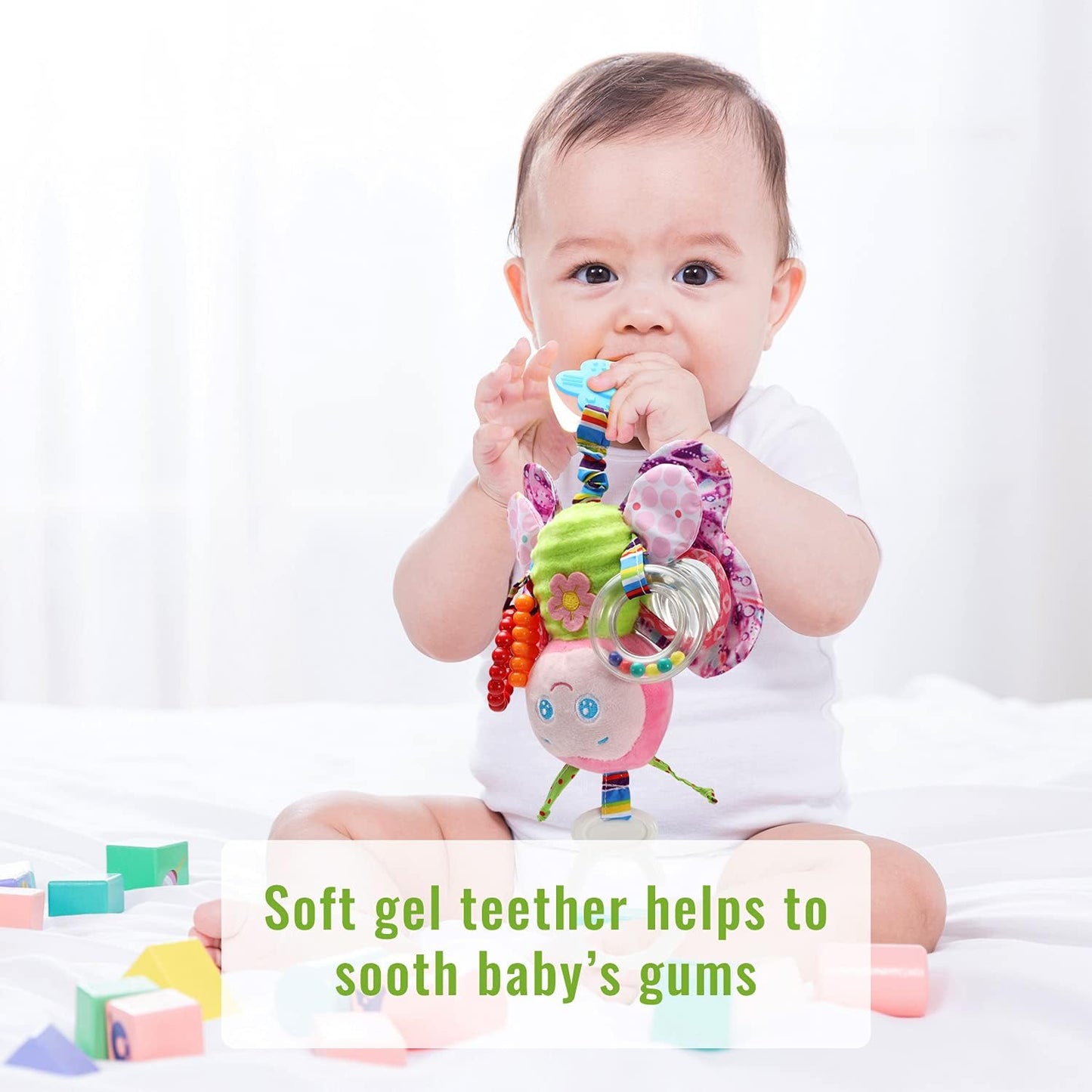 Baby Stroller Toy & Car Seat Toy with Teether - Hanging Rattle Plush Toy for Infants 3-12 Months, Clip-on Soft Baby Toy for Boys & Girls