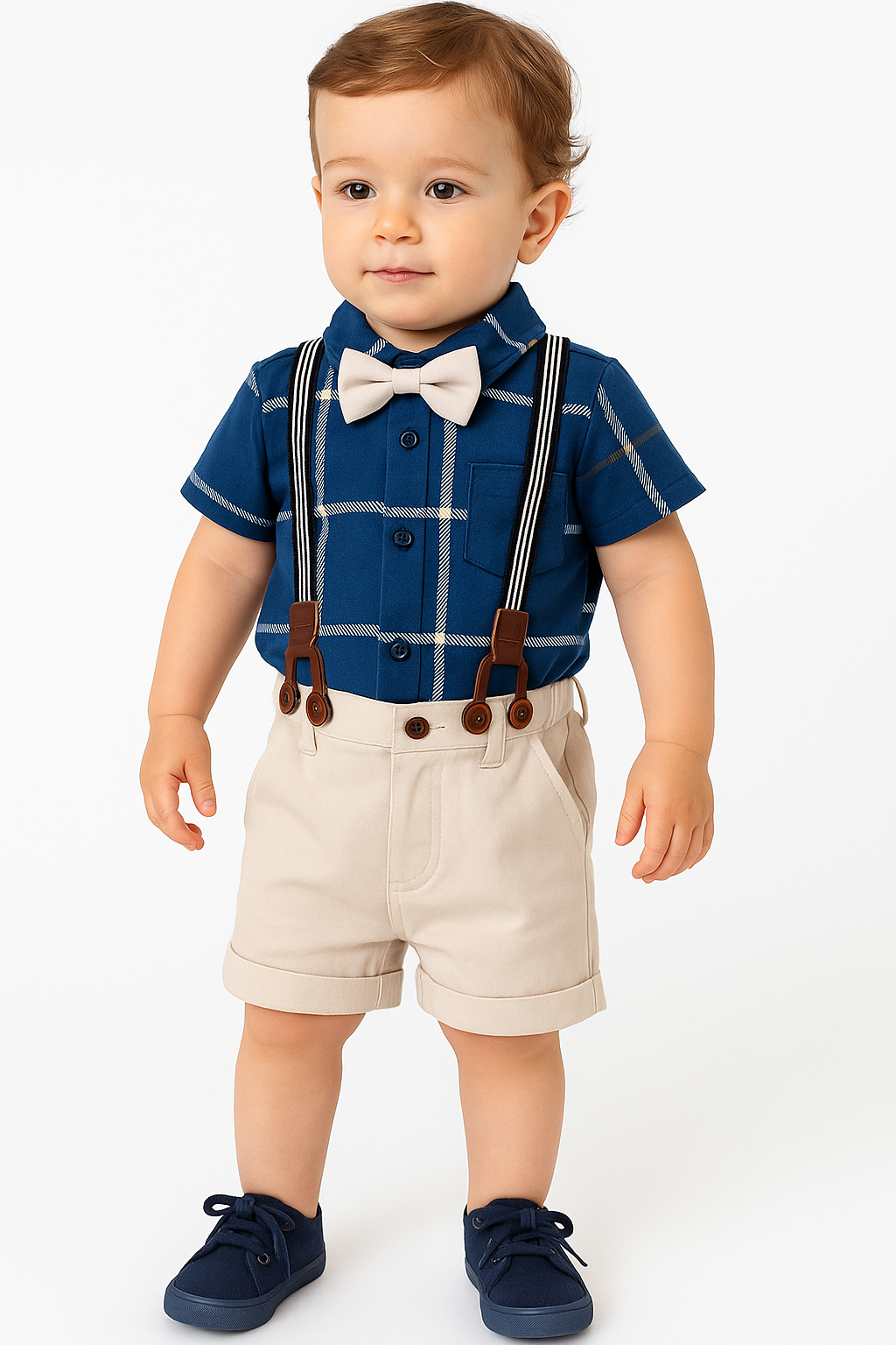 Baby Boy Clothes Newborn Infant Blue Shirt Bowtie Beret Suspender Pant Gentleman Outfit