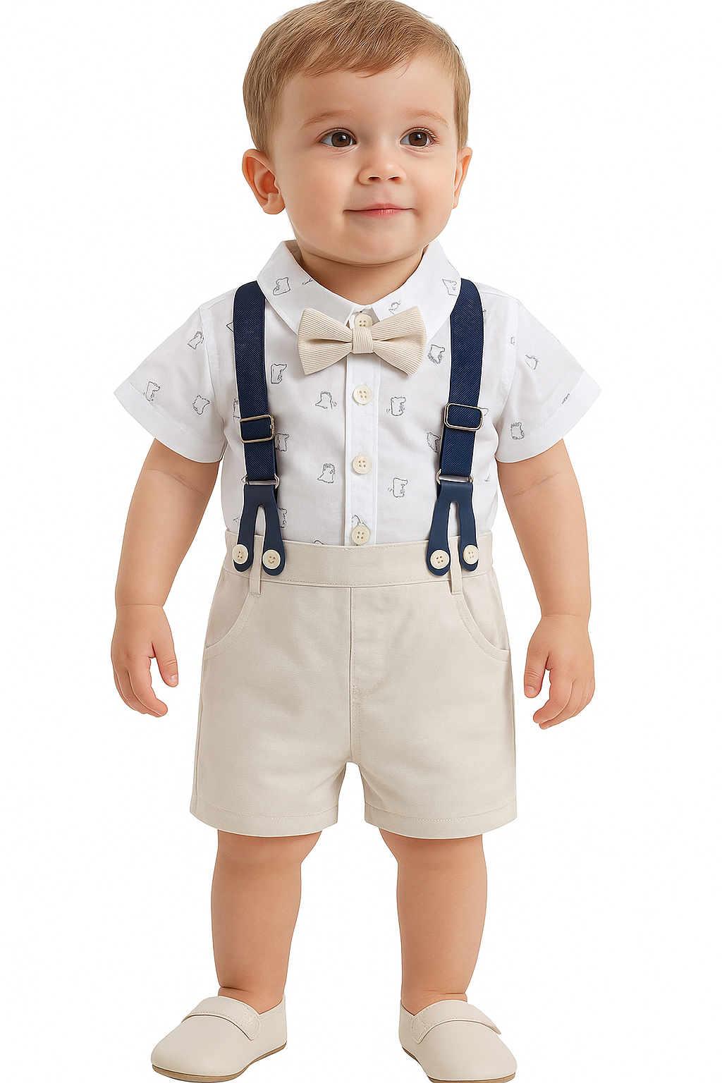 Baby Boys White Gentleman Outfit Suit Set – Formal Baby Boy Suit with Shirt, Pants & Bowtie