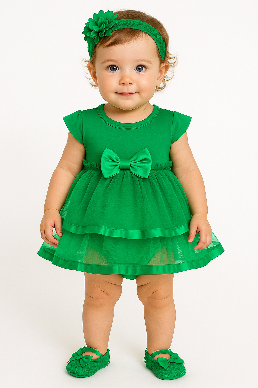 Baby Girls Green Dress Flowers Romper Sets Infant Tutu Bodysuit Party Outfits