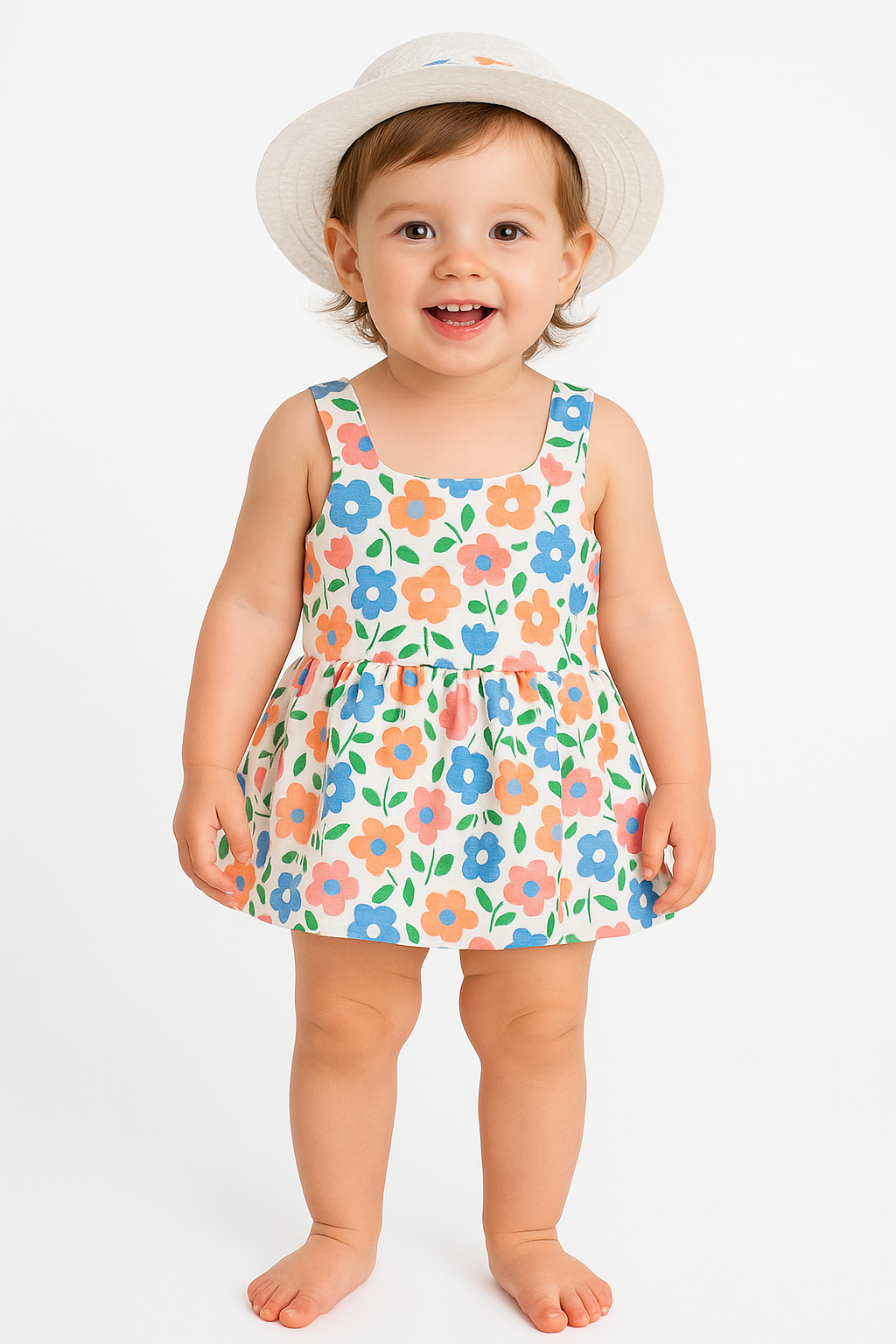 Orange Flower Bow Baby Girl Tutu Sleeveless Backless Princess Dress with Flower Bow Sundress and Matching Straw Hat Set