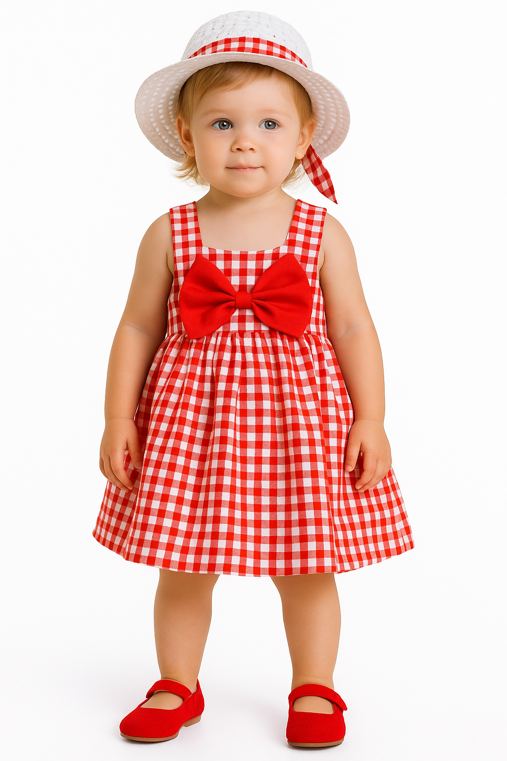Red Plaid Baby Girl Tutu Sleeveless Backless Princess Dress with Flower Bow Sundress and Matching Straw Hat Set