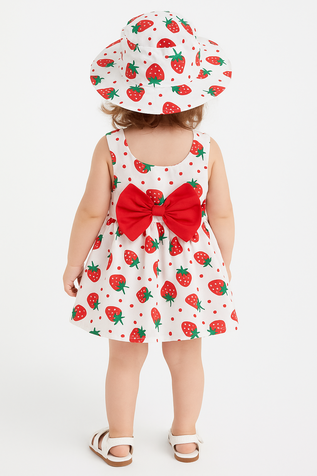 Red Strawberry Baby Girl Tutu Sleeveless Backless Princess Dress with Flower Bow Sundress and Matching Straw Hat Set