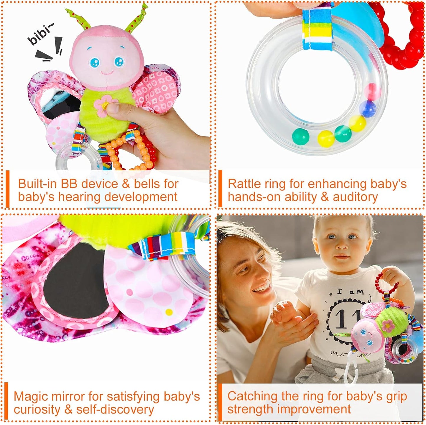 Baby Stroller Toy & Car Seat Toy with Teether - Hanging Rattle Plush Toy for Infants 3-12 Months, Clip-on Soft Baby Toy for Boys & Girls