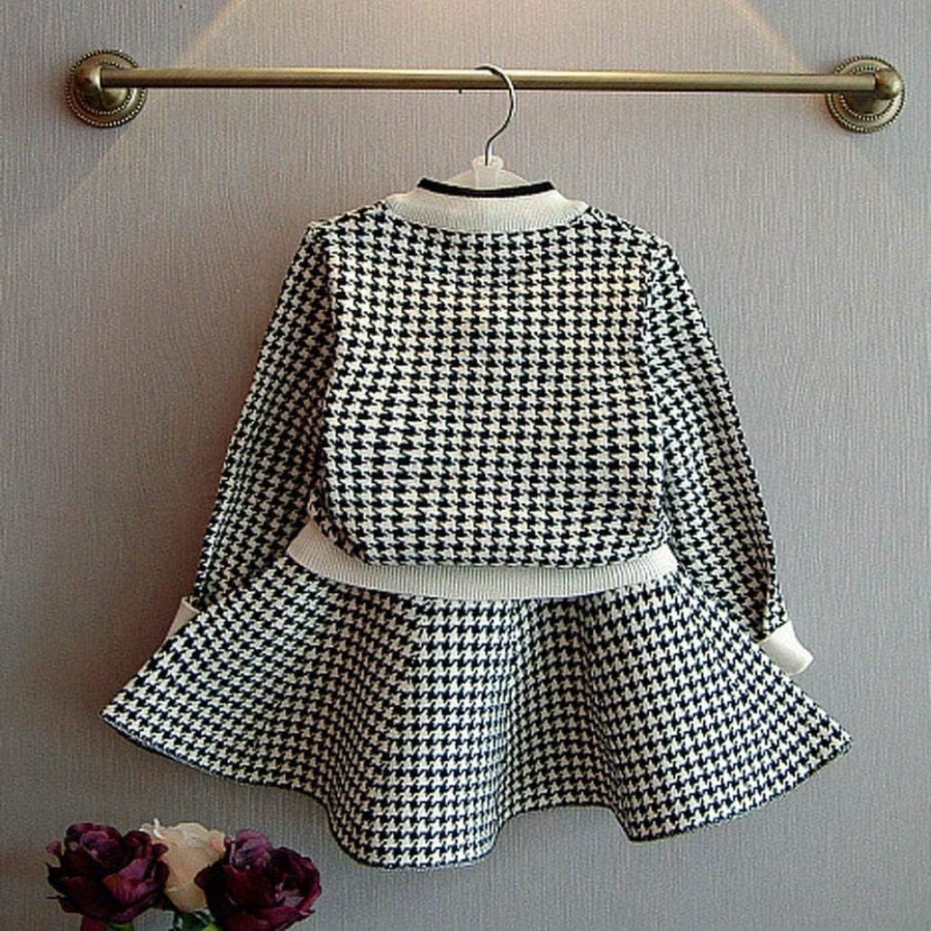 Girls Plaid Knitted Sweater Dress Set - Autumn Winter Toddler Kids Coat, Tops & Skirt Outfit