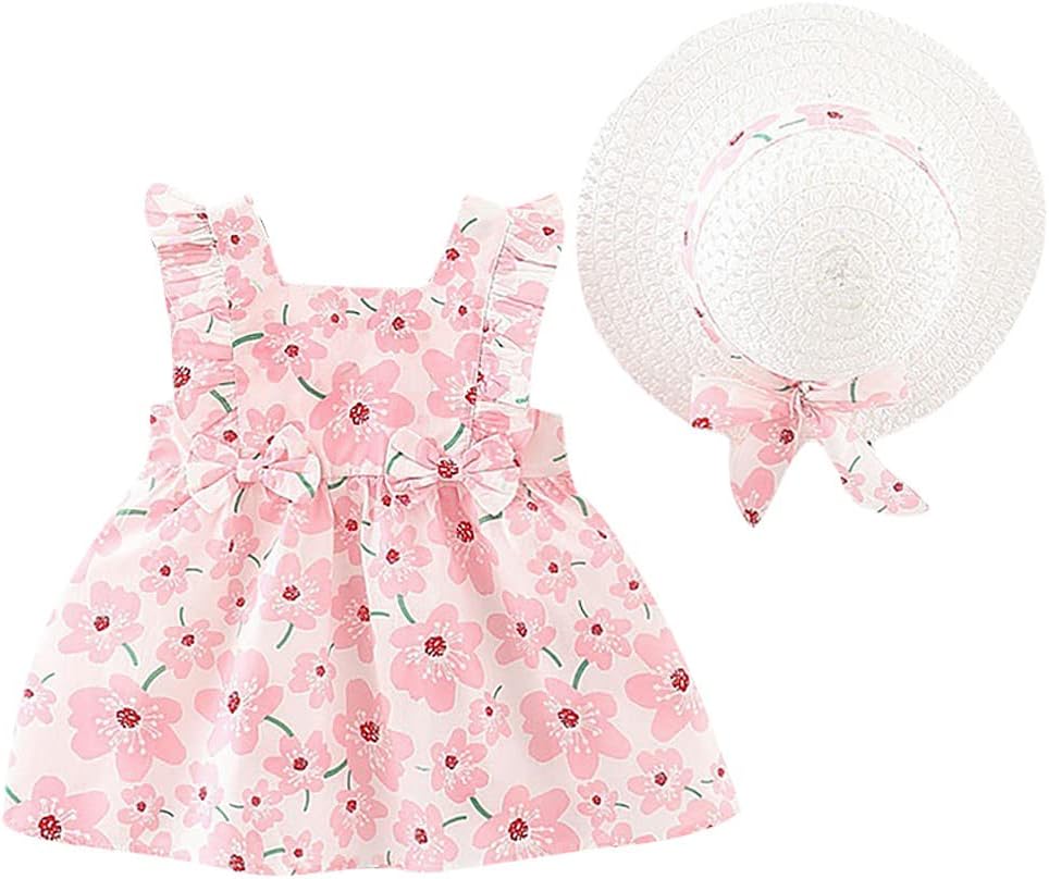 Baby Girl Tutu Dress Summer Sleeveless Backless Princess Birthday Party Dress with Flower Bow Sundress and Matching Straw Hat Set