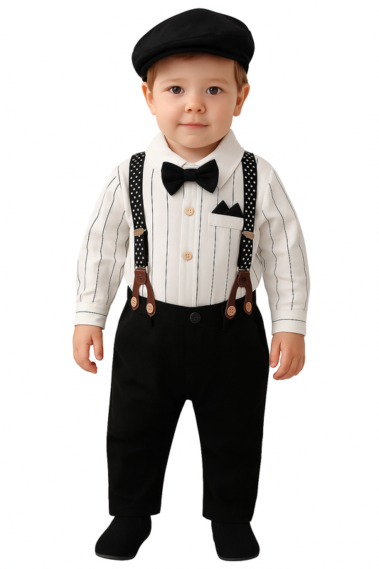 Baby Boy Clothes Black Infant Formal Outfit Set Cotton Fabric Shirt Bowtie Suspender Pants 0-24M
