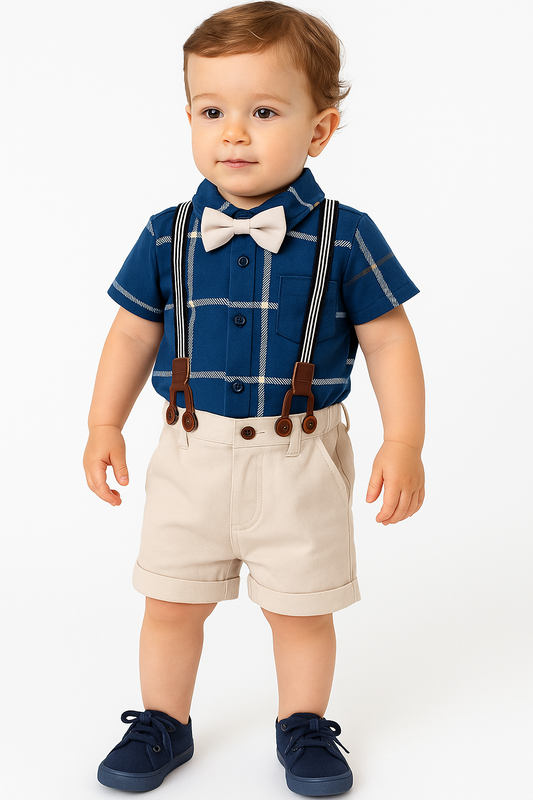 Baby Boy Clothes Newborn Infant Blue Shirt Bowtie Beret Suspender Pant Gentleman Outfit