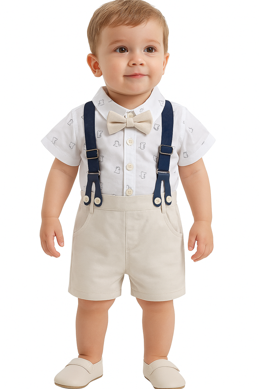 Baby Boys White Gentleman Outfit Suit Set – Formal Baby Boy Suit with Shirt, Pants & Bowtie