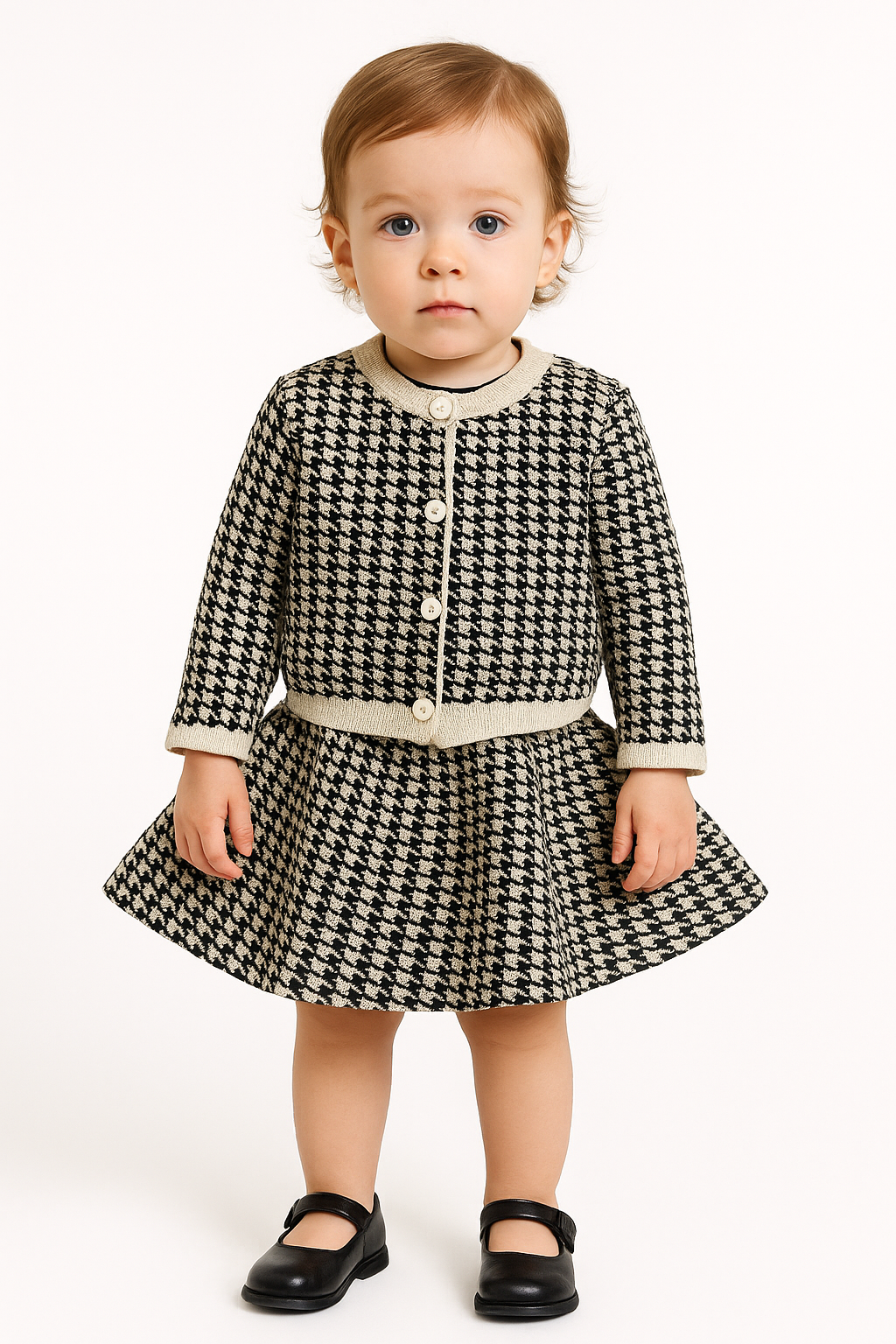 Black Plaid Knitted Girls Sweater Dress Set - Autumn Winter Toddler Kids Coat, Tops & Skirt Outfit