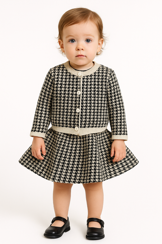 Black Plaid Knitted Girls Sweater Dress Set - Autumn Winter Toddler Kids Coat, Tops & Skirt Outfit
