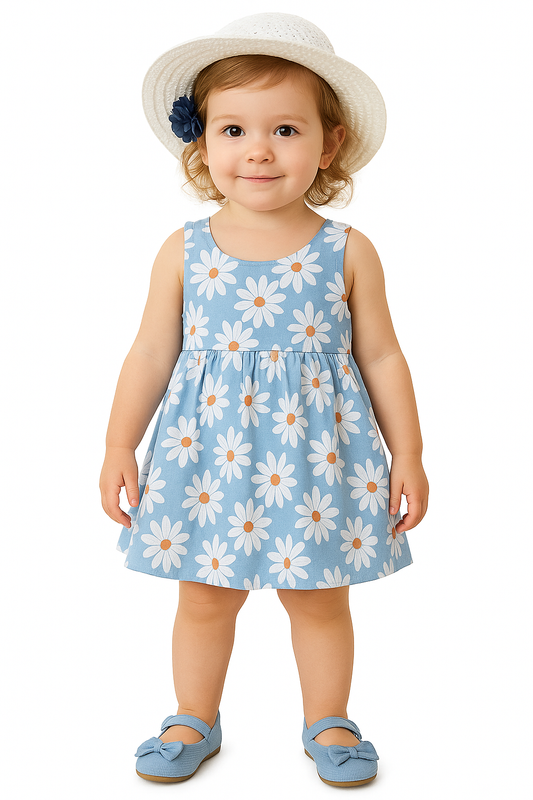 Blue Floral Baby Girl Tutu Sleeveless Backless Princess Dress with Flower Bow Sundress and Matching Straw Hat Set