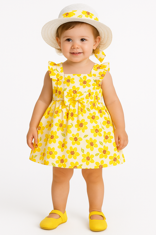 Yellow Flower Ruffle Baby Girl Tutu Sleeveless Backless Princess Dress with Flower Bow Sundress and Matching Straw Hat Set